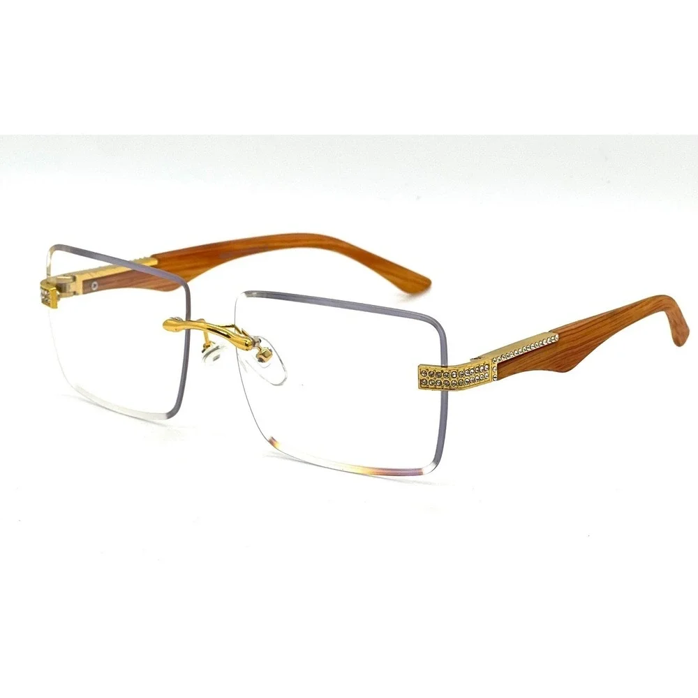 Rimless‎ Rectangle Hip Hop Sunglasses Wood Grain Arms Rhinestone Accents Men New